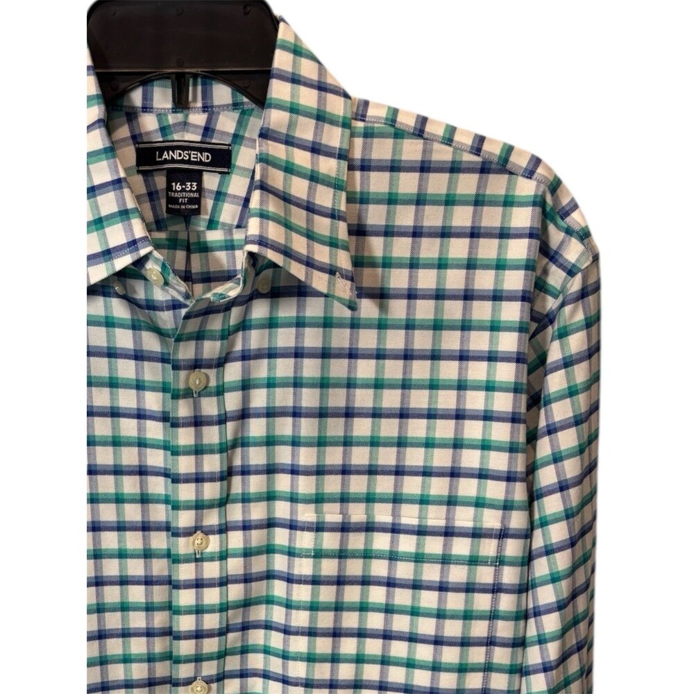 LANDS’ END button front Men Large L/S traditional fit 16-33 White Check Oxford